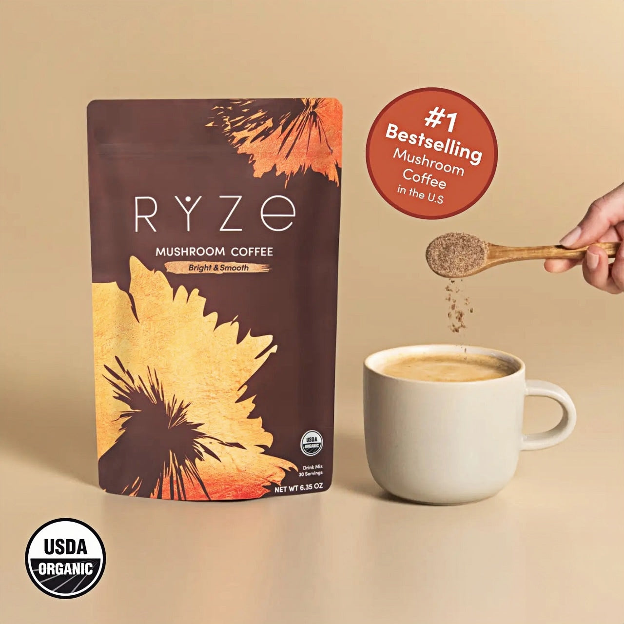 RYZE SUPERFOODS Mushroom Coffee USDA Organic with 6 Adaptogenic Mushrooms and MCT Oil, USA Grown Instant Coffee for Better Energy, Focus, Digestion, Immunity with Lions Mane & Turkey Tail, 30 servings