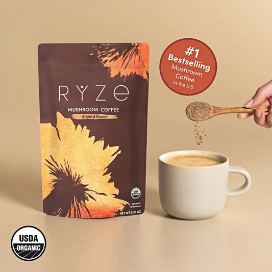 RYZE SUPERFOODS Mushroom Coffee USDA Organic with 6 Adaptogenic Mushrooms and MCT Oil, USA Grown Instant Coffee for Better Energy, Focus, Digestion, Immunity with Lions Mane & Turkey Tail, 30 servings