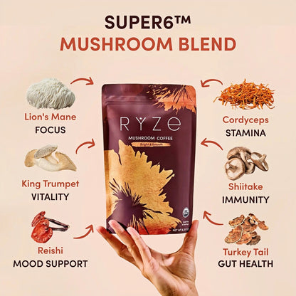 RYZE SUPERFOODS Mushroom Coffee USDA Organic with 6 Adaptogenic Mushrooms and MCT Oil, USA Grown Instant Coffee for Better Energy, Focus, Digestion, Immunity with Lions Mane & Turkey Tail, 30 servings