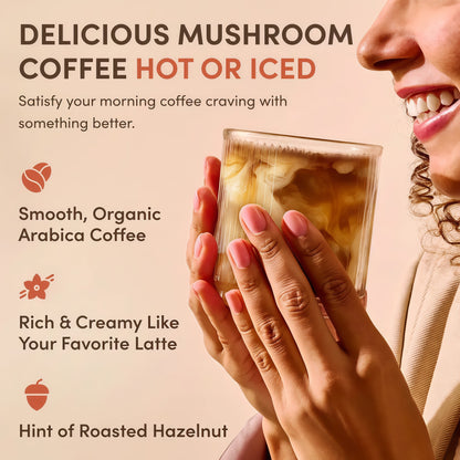 RYZE SUPERFOODS Mushroom Coffee USDA Organic with 6 Adaptogenic Mushrooms and MCT Oil, USA Grown Instant Coffee for Better Energy, Focus, Digestion, Immunity with Lions Mane & Turkey Tail, 30 servings