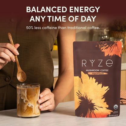RYZE SUPERFOODS Mushroom Coffee USDA Organic with 6 Adaptogenic Mushrooms and MCT Oil, USA Grown Instant Coffee for Better Energy, Focus, Digestion, Immunity with Lions Mane & Turkey Tail, 30 servings